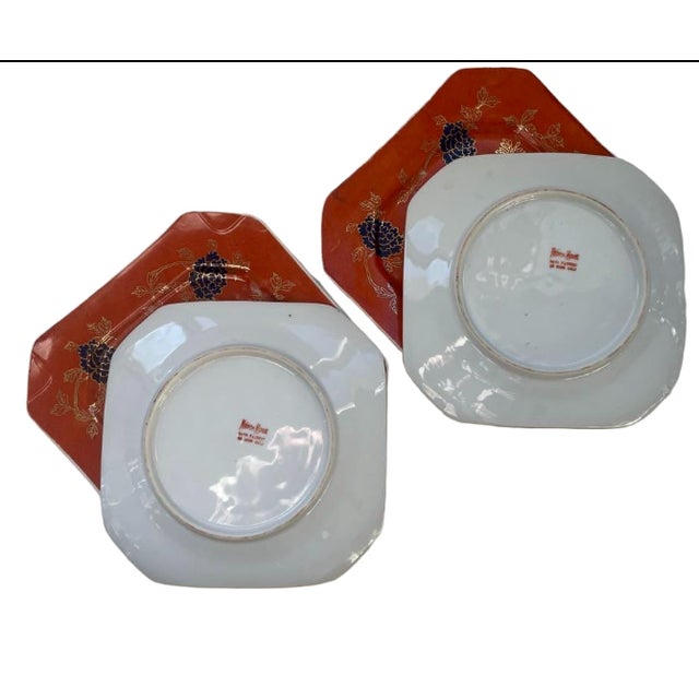 Mid-Century Modern 1970s Neiman Marcus Octagonal Hand-Painted Dessert Plates in Burnt Orange, Navy & Gold For Sale - Image 3 of 5