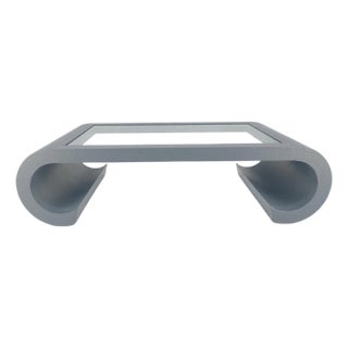 Linen Cloth Wrapped Silver Grey C Scroll Shape Glass Top MCM Coffee Table For Sale