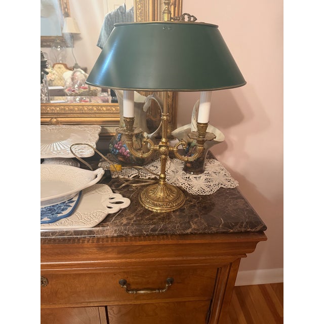 Vintage French Empire Style Brass Bouillotte Table Lamp With Green Tole Shade For Sale - Image 4 of 12