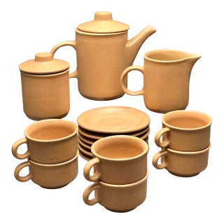 Vintage Nerina Louveira Brazil Terracotta Ceramic Demitasse Set With Coffee Pot, Covered Sugar, Creamer, 6 Cups/Saucers- 17 Pieces For Sale
