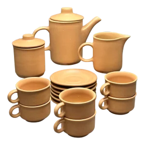 Vintage Nerina Louveira Brazil Terracotta Ceramic Demitasse Set With Coffee Pot, Covered Sugar, Creamer, 6 Cups/Saucers- 17 Pieces