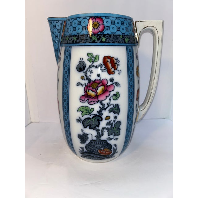 1920s Antique English Keeling & Co. Luxe Ware Wash Set – Pitcher, Basin & Jar, Turquoise Floral Transferware, Burslem For Sale - Image 5 of 8