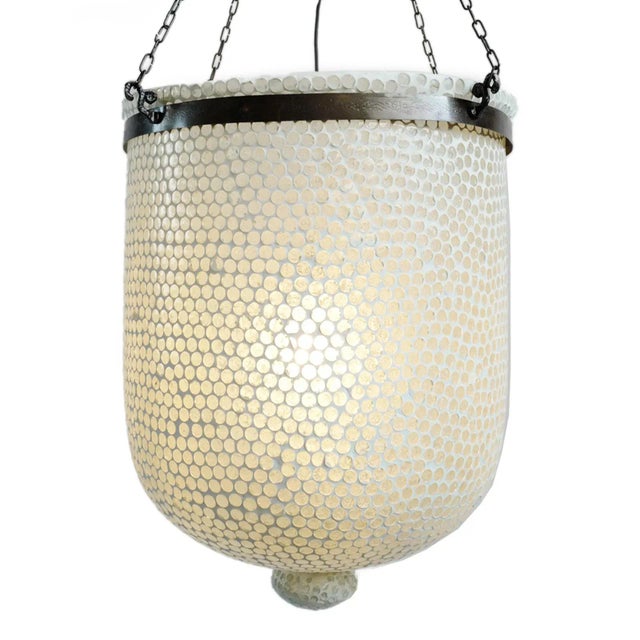 White mosaic bucket pendant lantern in large size. Hand crafted in India with beautiful white mosaic glass. Includes 3'...