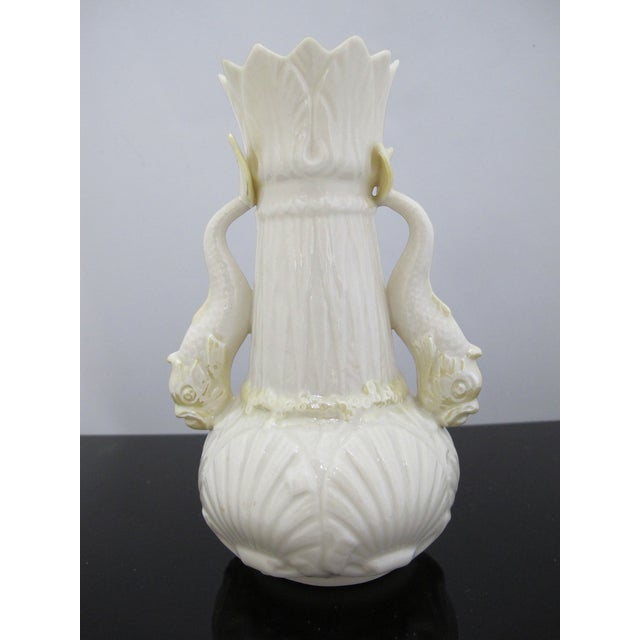 Belleek Pottery Ltd. Belleek Double Dolphin Handle Luster Spill Vase 1965-1980 Green 6th Mark For Sale - Image 4 of 11