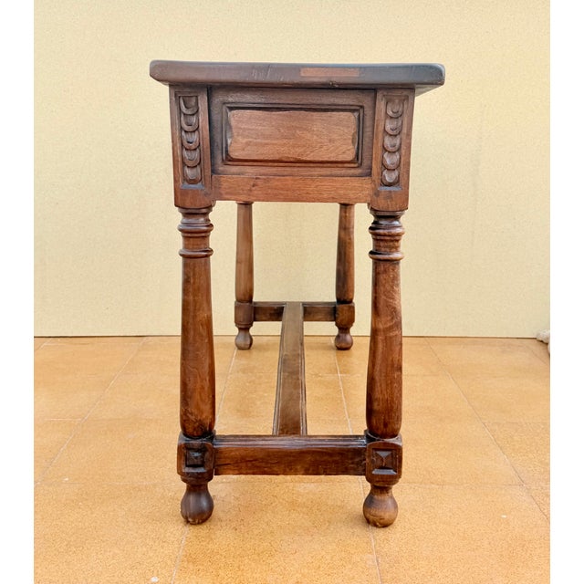 Spanish Walnut Console Table With Geometric Carved Drawers For Sale - Image 4 of 13