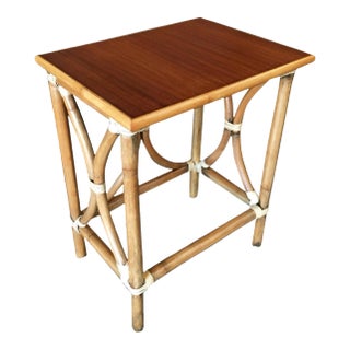 1950s Restored Large 1-Strand Rattan "Hour Glass" Cocktail Side Table with Wood Top For Sale