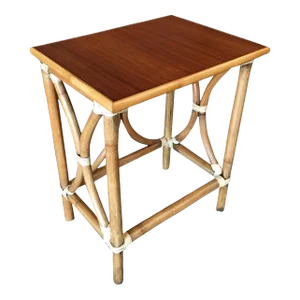 1950s Restored Large 1-Strand Rattan "Hour Glass" Cocktail Side Table with Wood Top