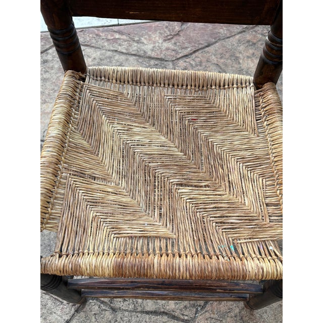 Late 19th Century Set of Three Antique Primitive Ladder-Back Chairs With Woven Herringbone Rush Seats and Finials For Sale - Image 5 of 12