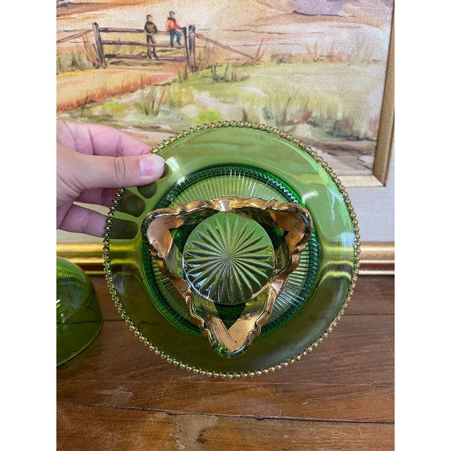 Brass Vintage Green Glass Covered Candy Dish With Pedestal Base and Brass-Toned Mount For Sale - Image 8 of 11