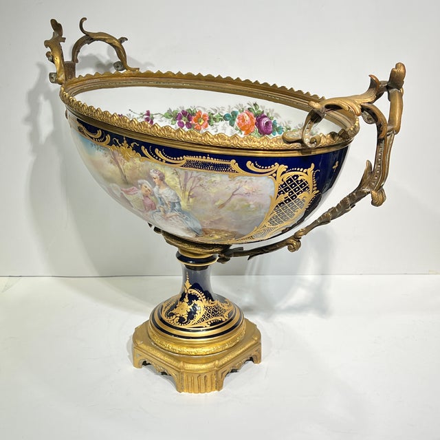 19th Century French Sevres Louis XV Style Porcelain Gilt Bronze Centerpiece Bowl For Sale - Image 4 of 15