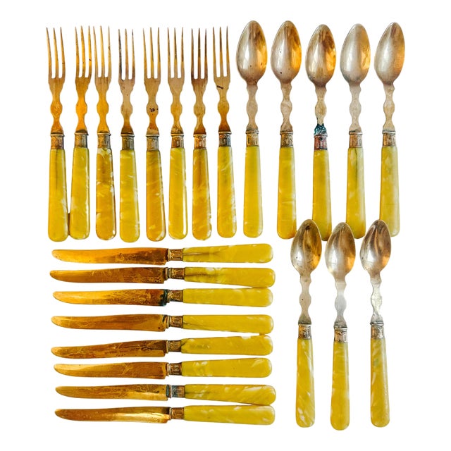 Antique 19th Century French Vermeil Fruit Service Set With Faux Amber Handles - 24-PCS Set For Sale