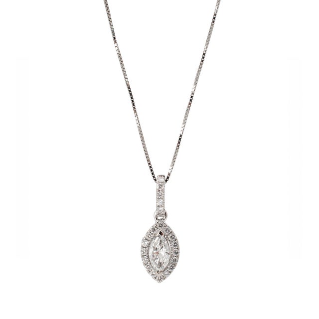 Modern Ladies 14k White Gold 0.56ct Marquise Diamond Halo Pendant Necklace For Sale - Image 3 of 9