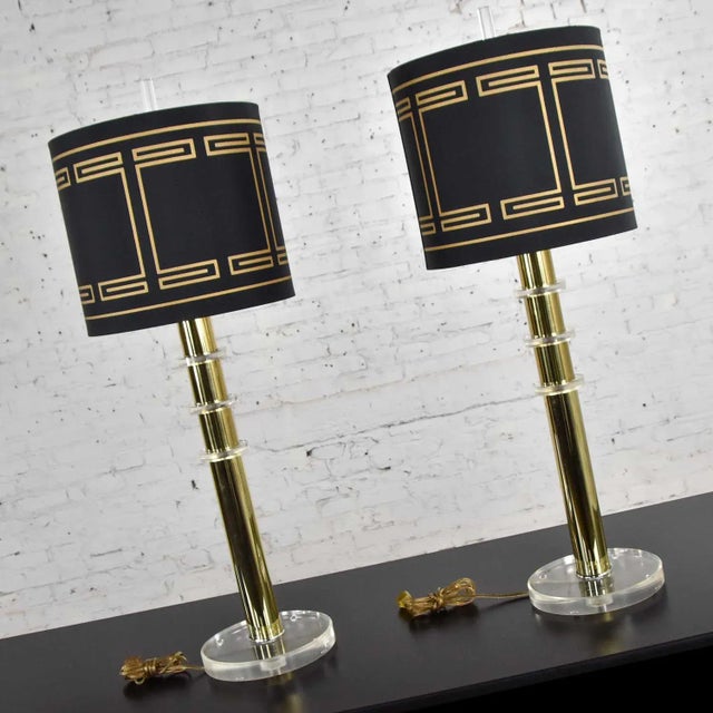 1970s Modern Hollywood Regency Lamps Lucite & Brass Plate Black With Shades Style Karl Springer - A Pair For Sale - Image 9 of 16