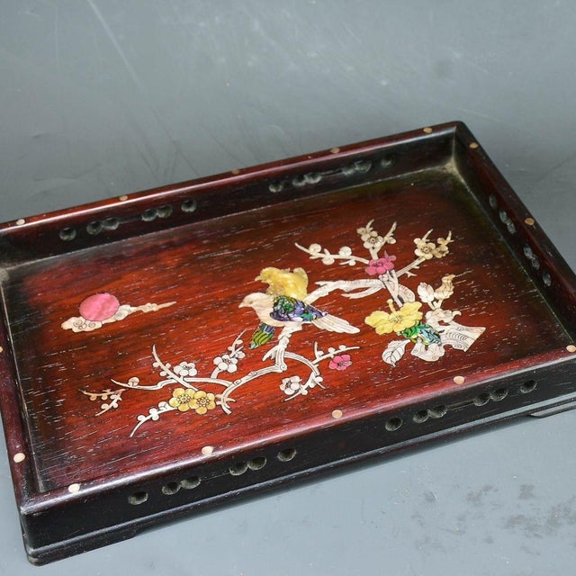 Late 19th Century Wooden Tea Tray With Mother-of-Pearl Bird and Floral Inlay For Sale - Image 5 of 9