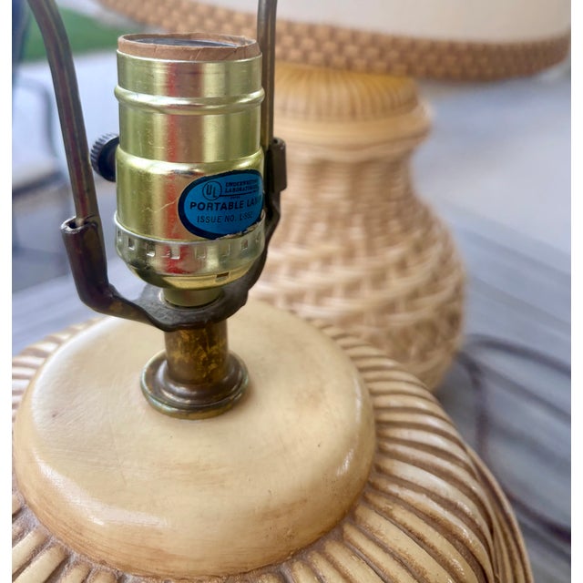1970's Spanish Ceramic Trompe-l'Oeil Wicker Table Lamps With Matching Shades, a Pair For Sale - Image 14 of 16