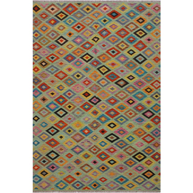 Green Abstract Tribal Kilim Hand-Woven Wool Rug -6'8 X 9'9 For Sale - Image 8 of 8