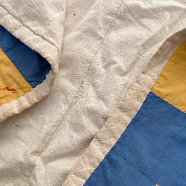Vintage 1940s Streak of Lightning Cotton Quilt - Blue and Yellow Staircase Geometric Stepped Pattern - 77" X 57" For Sale - Image 16 of 18
