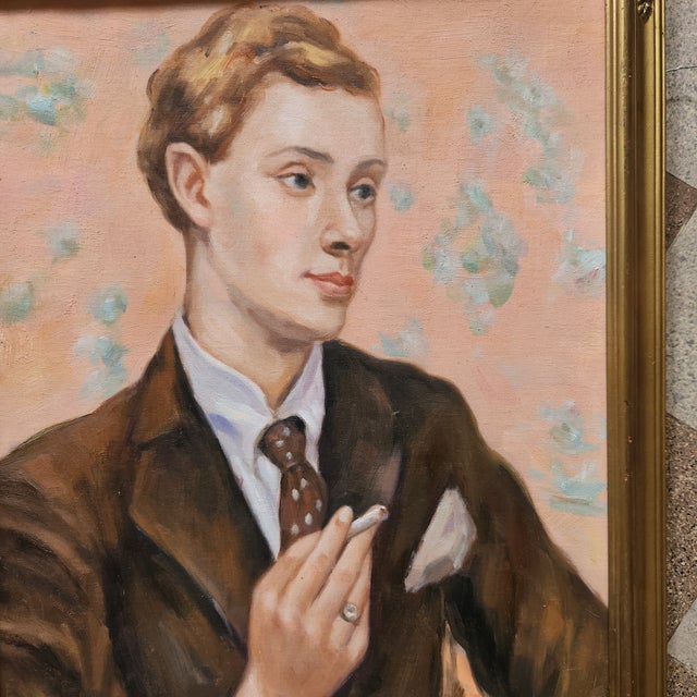 An oil on canvas portrait painting of a feminine man. Original frame. Unsigned