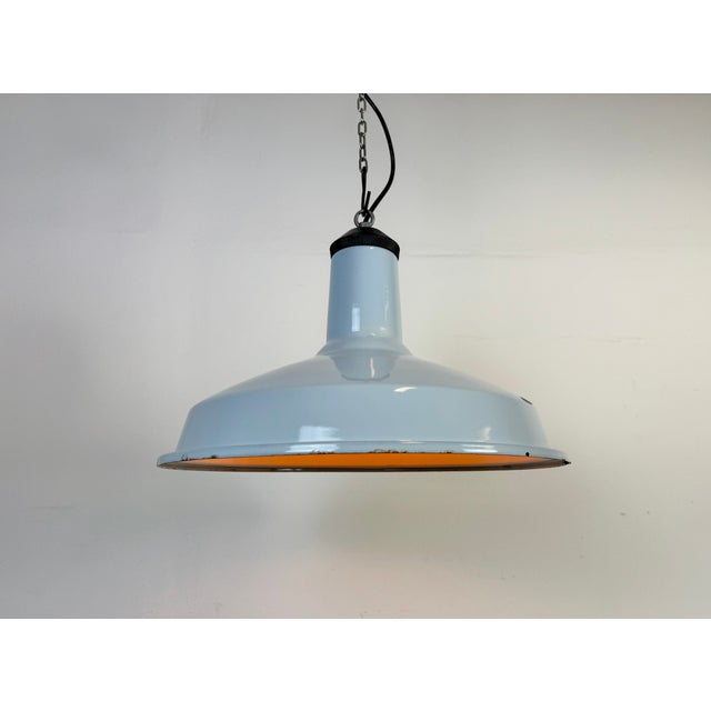 Industrial Light Blue Enamel Factory Pendant Lamp, 1960s For Sale - Image 17 of 18