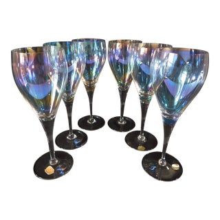 Vintage Mid Century Bohemia Crystal Iridescent Tulip Wine Champagne Glasses - Set of 6 For Sale