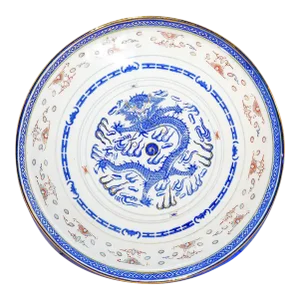 Mid 20th Century Vintage Tienshan Blue and White Chinoiserie “Fierce Dragon” Porcelain Plate