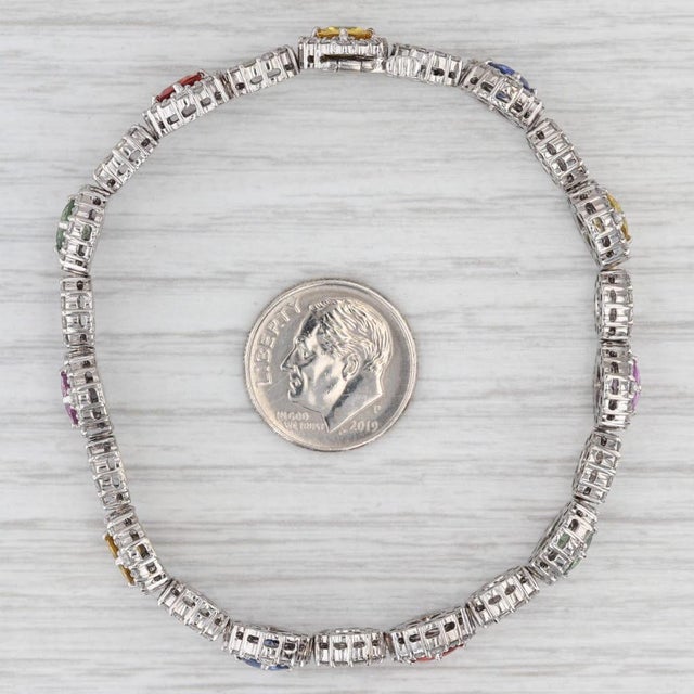 White 15.62ctw Multicolor Sapphire Diamond Tennis Bracelet 18k White Gold 6.75" For Sale - Image 8 of 10