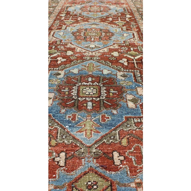 Textile Antique Persian Heriz Runner With Geometric Medallion Design in Red, Olive, Blue 3'2"x11'7" For Sale - Image 7 of 11