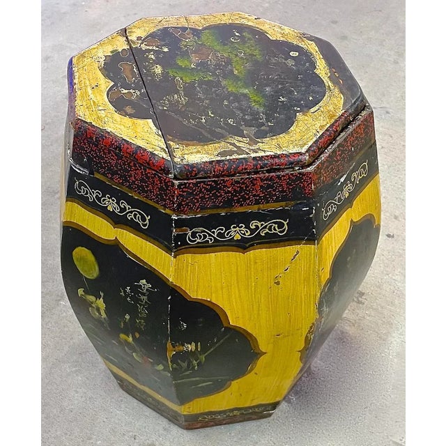 Chinese Antique Chinese Hand-Painted Tea Canister Side Table For Sale - Image 3 of 12