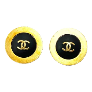 Chanel Vintage Gold Plated CC black Gold Rim Clip on Earrings As seen on Nicole Richie - 2 Pieces