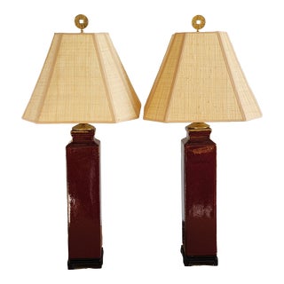 Vintage Chinese Style Ox Blood Glazed Ceramic Table Lamp With Rattan Shades- a Pair For Sale