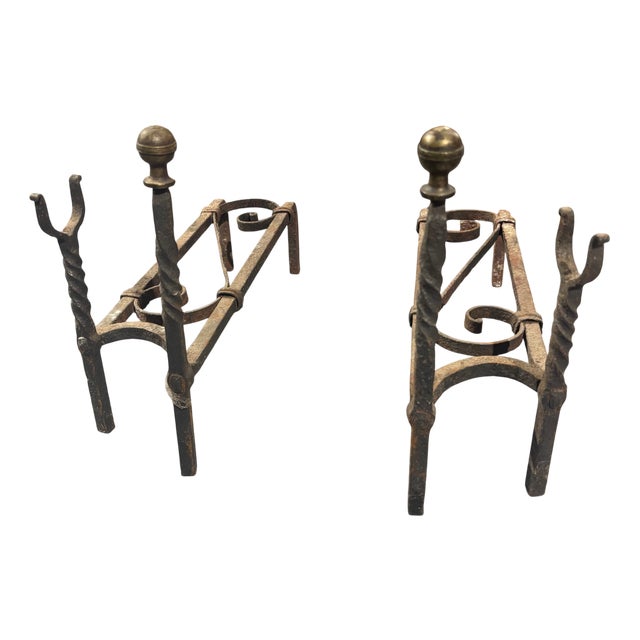 Antique Andirons in Wrought Iron, 1800s, Set of 2 For Sale