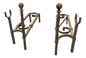 Antique Andirons in Wrought Iron, 1800s, Set of 2