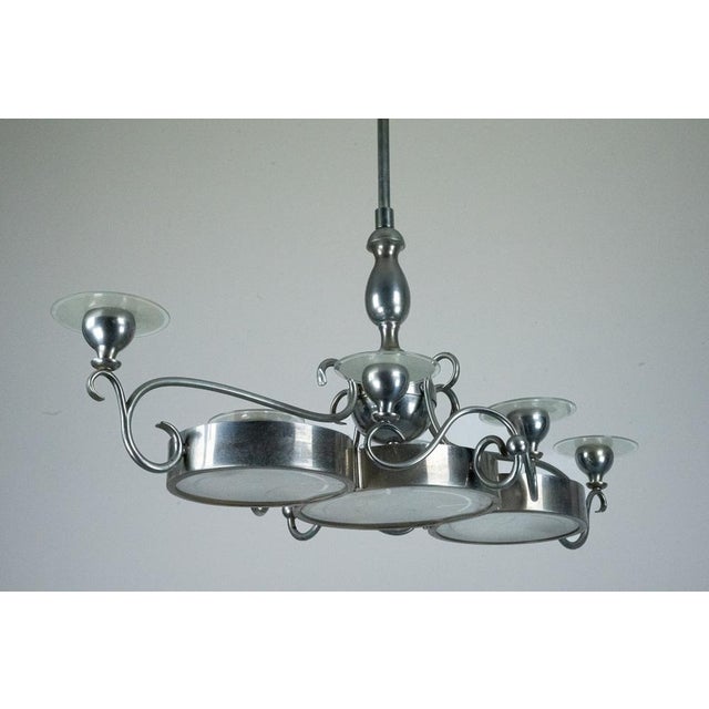 Art Deco Italian Chandelier in Nickel Brass and Frosted Glass, 1930s For Sale - Image 12 of 14