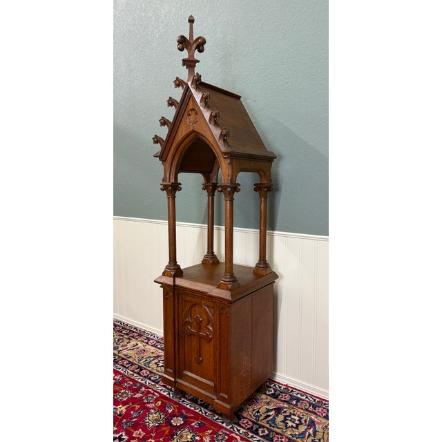 Antique French Gothic Revival Statuary Niche Cabinet Pedestal Altar Oak Late 19c For Sale - Image 15 of 18