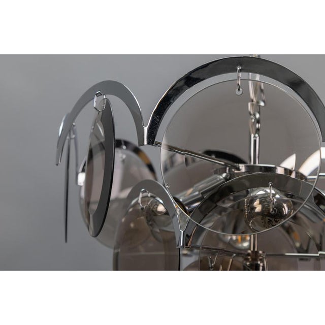 Smoked Glass and Chromed Metal Seven-Light Pendant Chandelier, 1970s For Sale - Image 16 of 18