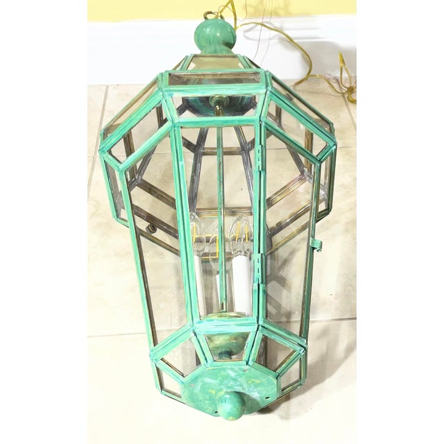 Vintage Solid Brass French Style – Verdigris – Hexagonal Chandelier -31”h X 12”w For Sale - Image 9 of 17