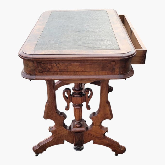 Victorian Antique 19th C American Victorian Walnut Parlor Table New Leather Top For Sale - Image 3 of 14