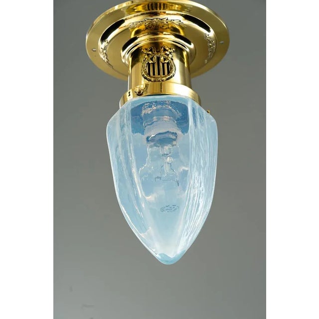 Gold Art Deco Ceiling Lamps with Opaline Glass Shades, 1920s, Set of 2 For Sale - Image 8 of 12