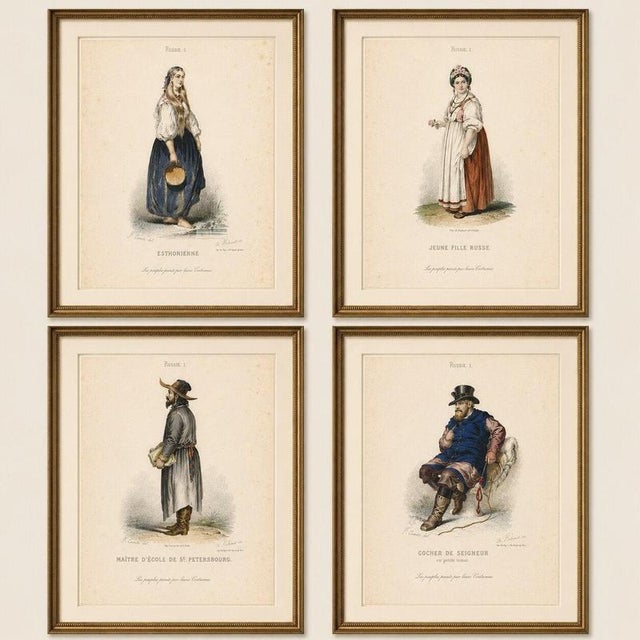 Russian traditional costumes and trades, set of four antique prints, circa 1850 a decorative set of four original antique...