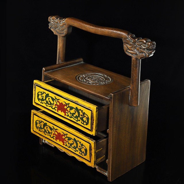Wood 1980s Rosewood Polychrome Painted Portable Chest With Drawers & Dragon Crest | Chinoiserie Vanity Box For Sale - Image 7 of 9