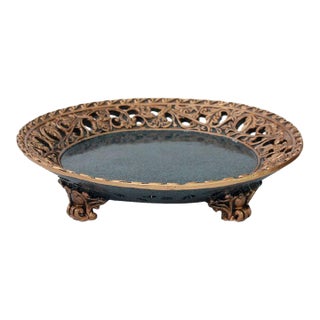Distressed Two-Tone Circular Tray With Ornate Openwork Rim & Decorative Feet For Sale
