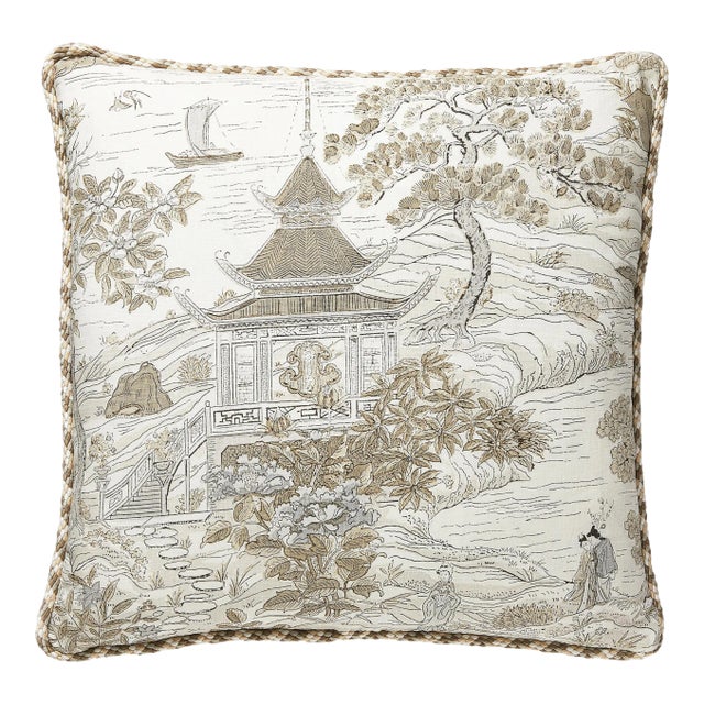 The House of Scalamandré Satomi Hand Block Print Pillow, Pewter For Sale