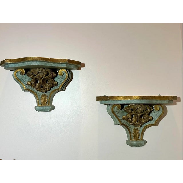 Celadon Large Vintage Gilt and Celadon Wall Brackets - A Pair For Sale - Image 8 of 11