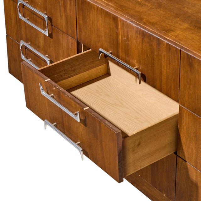 Craft Associates Mid Century Walnut and Chrome 9 Drawer Lowboy Dresser For Sale In Chicago - Image 6 of 7