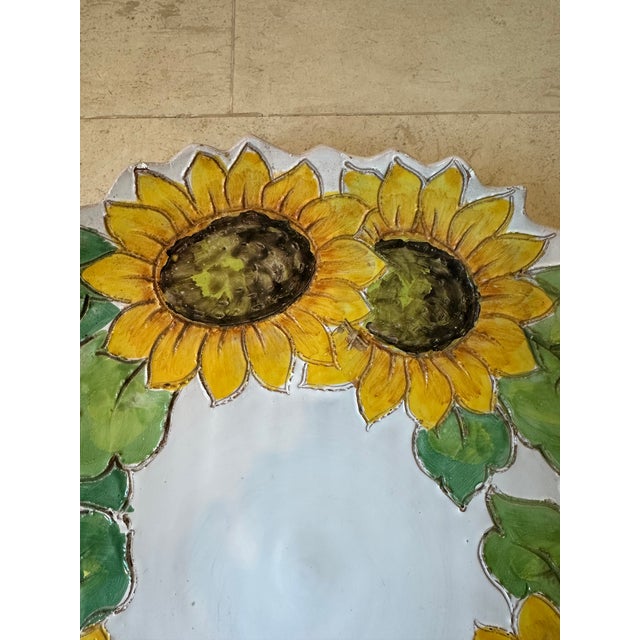 Vintage 13.5” Italian Sunflower Incised, Glazed Handpainted Terracotta Platter For Sale - Image 4 of 16