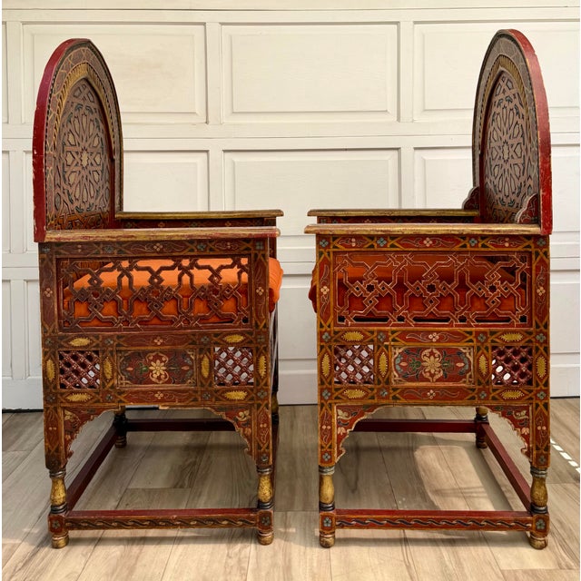 Red Vintage Moroccan Hand-Painted Carved Wood Throne Chairs - Pair For Sale - Image 8 of 18
