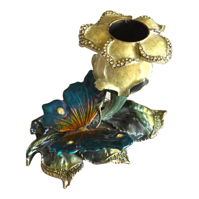 Vintage Ornate Enameled Floral Butterfly Candlestick Whimsy Fairy For Sale