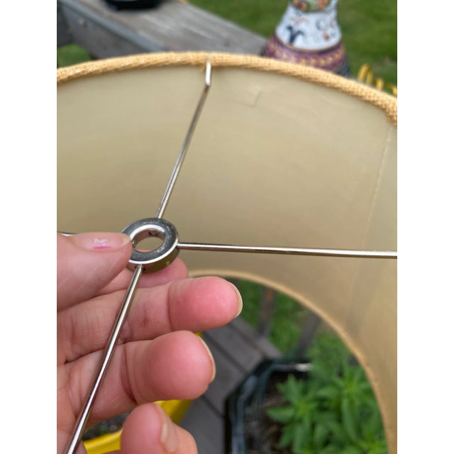 1980s Ceramic Floral Candlestick Lamps With Burlap Shade - a Pair For Sale - Image 4 of 6