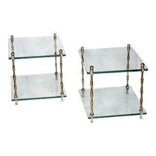 Pair of Baker Glass and Brass Faux Bamboo Occasional Tables For Sale