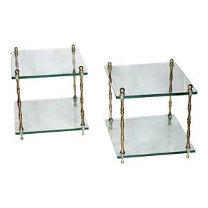 Pair of Baker Glass and Brass Faux Bamboo Occasional Tables